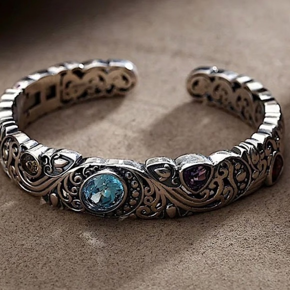 Vintage Sterling Silver Bangle, Multicolor Gemstone Engraved Cuff, Elegant - Picture 10 of 12